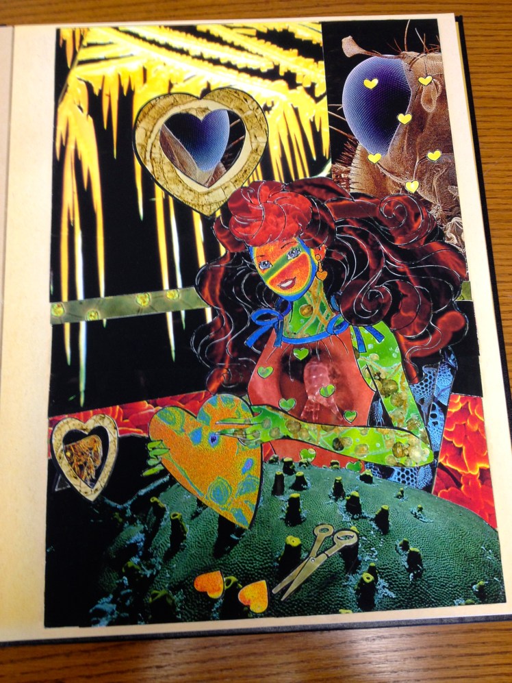 An old Barbie Coloring book, "Colored in" with contrasting magazine clippings.