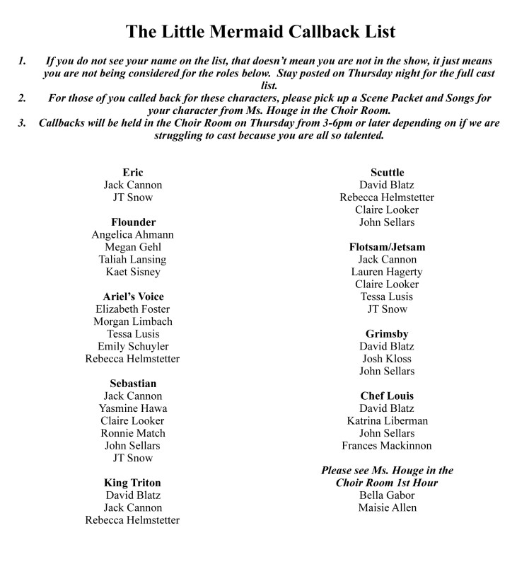 The Little Mermaid Callback List
